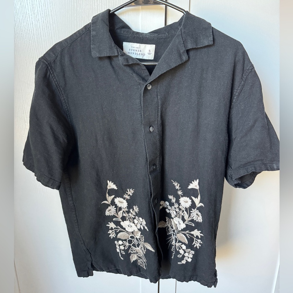 Abercrombie & Fitch Camp Collar Summer Linen-Blend, BLACK floral